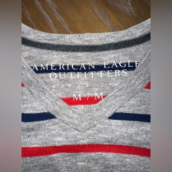 American Eagle Cotton V-Neck Sweater - Grey with Red & Blue Stripes - Size M - Picture 5 of 12